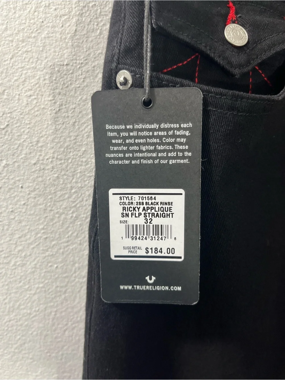 True Religion Ricky Applique SN Flap Straight “2SB Black Rinse” 32x30 #701564